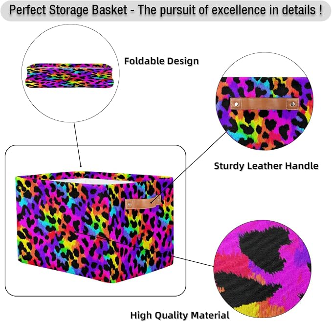 Pardick Colorful Leopard Print Basket Storage Bins Large Fabric Toys Storage Cube Box with Handles Collapsible Closet Shelf Cloth Organizer Basket for Nursery Bedroom Bathroom Holiday Gift