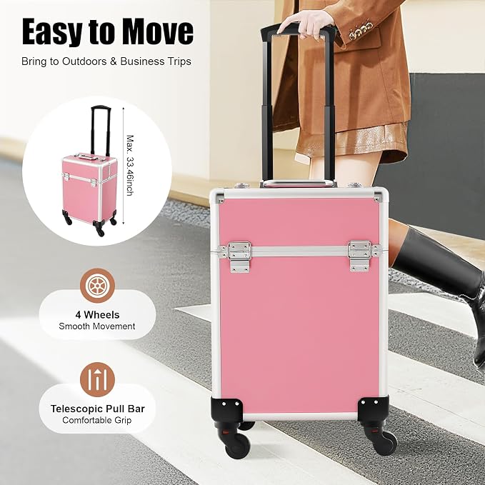 Rolling Makeup Train Case, Lockable Cosmetic Trolley with 2 Keys, Aluminum Cosmetic Case Rolling Makeup Trolley Case 4 Tray with Sliding Rail, Salon Barber Case Traveling Cart Trunk