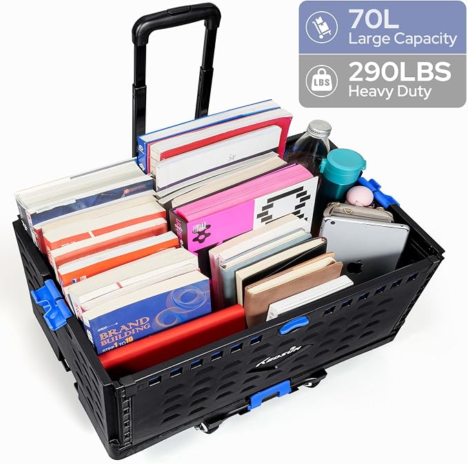 KEDSUM 2 in 1 Rolling Cart with Durable Removable Crate, 290 LBS/70L Capacity Collapsible Rolling Crate with Lid for School, Craft, Office & Garden, on 4 Rotate Wheels