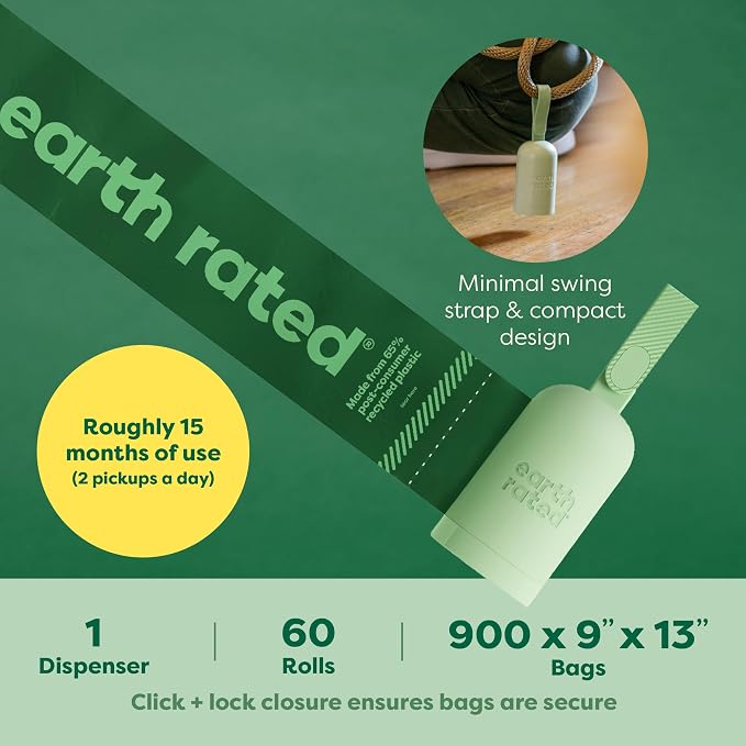 Earth Rated Dog Poop Bag Holder, Durable and Guaranteed Leakproof, Unscented, 1 Dispenser and 900 Bags (Pack of 2)
