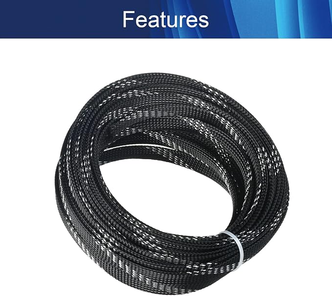 Jutagoss PET Expandable Braided Cable Sleeve, 32.8ft - 1/2 inch Black Silver Cable Management Sleeve, Wire Loom Tube Cord Protector for USB Cable, Power Cord, Audio Video and More, 1Pc