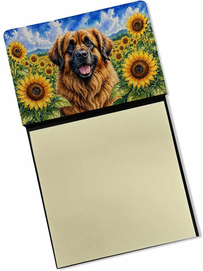 Caroline's Treasures Leonberger in Sunflowers Watercolor Sticky Note Holder Refillable Dispenser Desk Accessory 3x3 Pad Gift