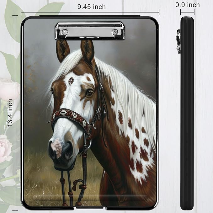 A4 Clipboard with Storage Pen Holder, Clipboards Organizer Nursing Clipboard Foldable File Folder Plastic Clipboard Folio Clip Board for Office Students Classroom Doctor Teacher, Horse