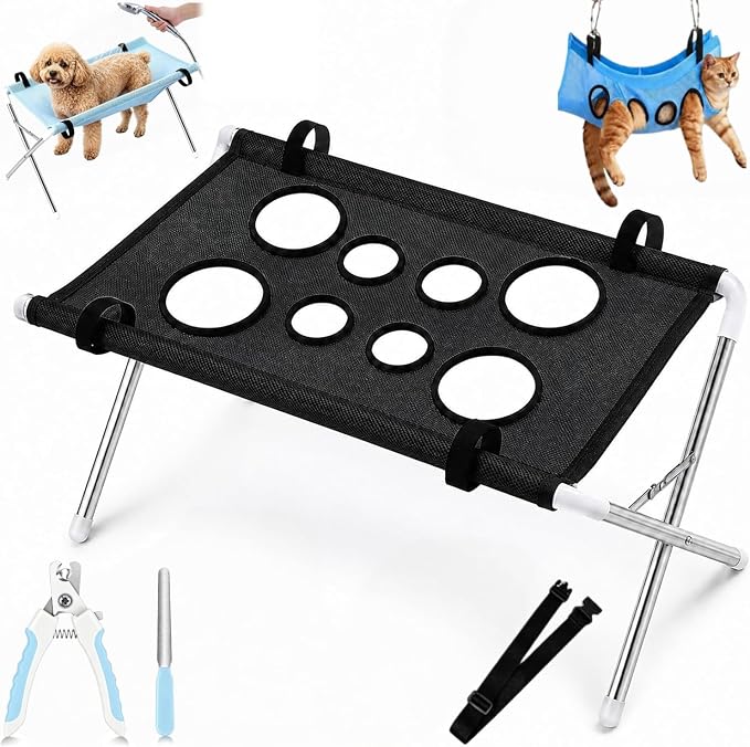 2-in-1 Foldable Pet Grooming Bed for Cat Small Dog with Nail Clippers (Black)