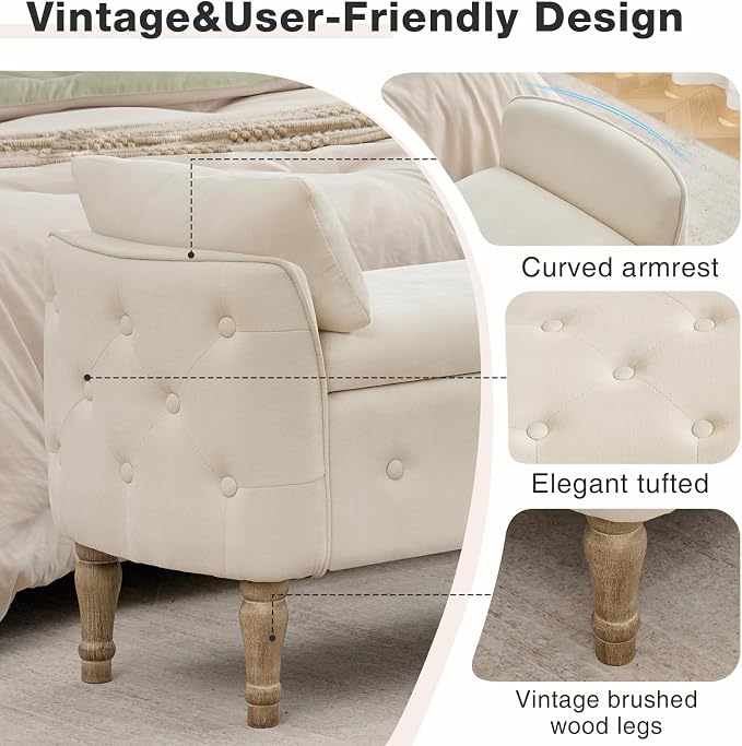 End of Bed Storage Bench King Size,51" Upholstered Bedroom Bench,Beige | Linen Storage Bench for Bedroom End of Bed ,2 Cushion, Vintage Wood Legs ,Tufted,Storage Ottoman Bench for Entryway Window