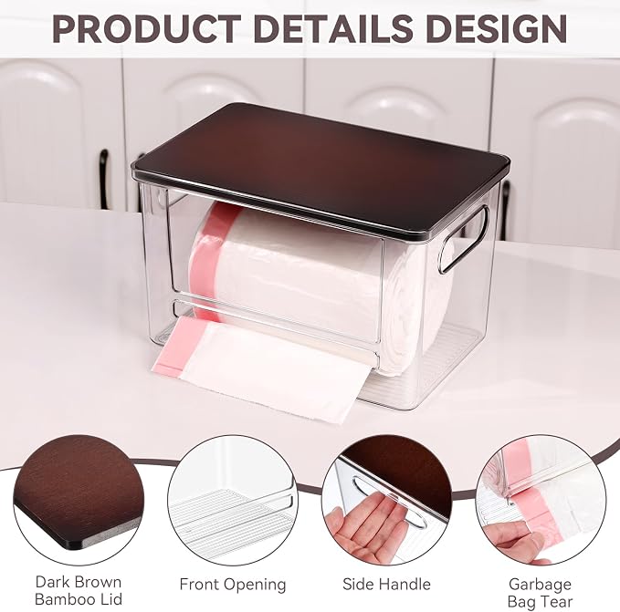 Trash Bag Dispenser Under Sink Organizer for Pantry, Kitchen | Acrylic Garbage Bag Dispenser, with Brown Bamboo Top & Handles, Extra Large, Keep Onions and Potatoes Neat, Clear, Stackable