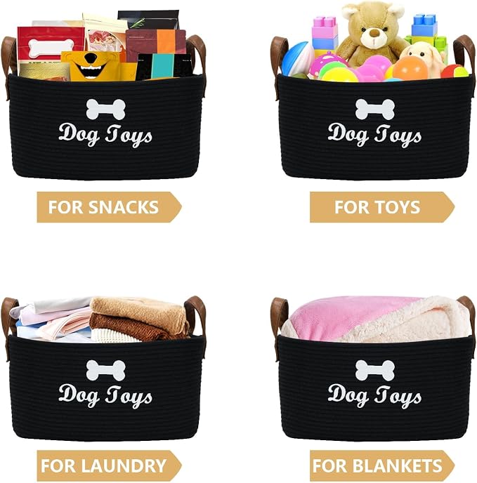 Large Dog Toy Basket, 100% Cotton Rope Dog Toy Storage Bin-Black | Dog Toy Box for Livingroom Area with Handle for organizing Pet toys,Blankets,Leashes,Pee Mats and Diapers-16.5"x10.6"x 7.5"