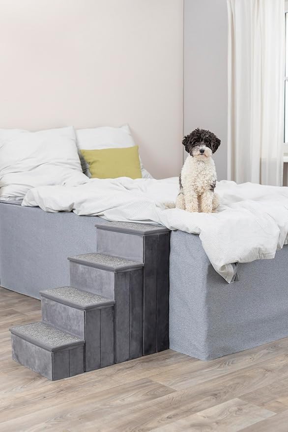 TRIXIE 4-Step Velour Pet Stairs, Gray | Collapsible, Storage Compartments for Pet Toys, Ideal for Dogs and Cats