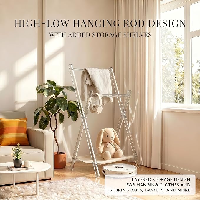 Acrylic Clothes Rack, Foldable Kids Clothing Rack,with Shelves Portable Coat Rack, Suitable for Entrance Hall, Bedroom, Living room, and Bathroom for Hanging Clothes of Babies and Pets.