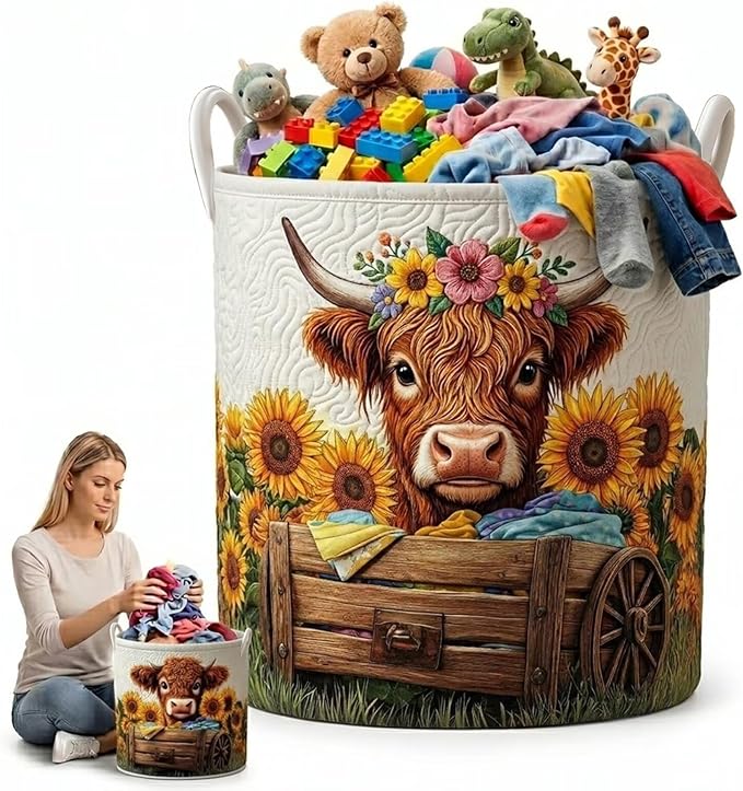 Farm Animal Highland Cow Clothes Hamper Sunflower Fabric Laundry Basket Collapsible Toy Bin Blanket Storage Organizer Bag(20" x 28")