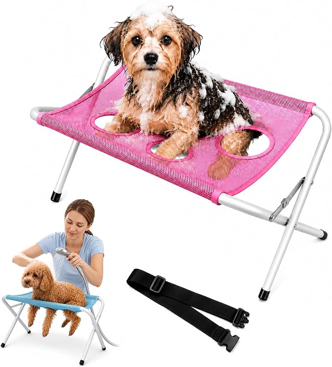 Foldable Pet Bathing Stand, Dog Grooming Hammock for Small Dogs (Pink) | Portable Dog Shower Grooming Rack, 8-Hole Quick-Dry Mesh, 44 lb Capacity, Home Washing, Trimming & Nail Care