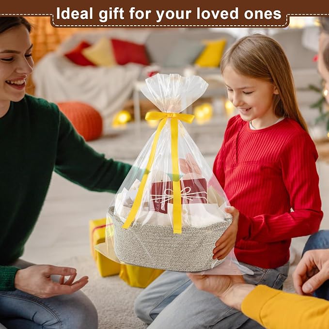 OIAHOMY Gift Basket with Handle, Small Woven Basket with Gift Bag，Ribbon and Wrap Tissue Paper，Nursery Bins Empty to Fill with Small Items, Baby，Pet Toy Organizer - Brown