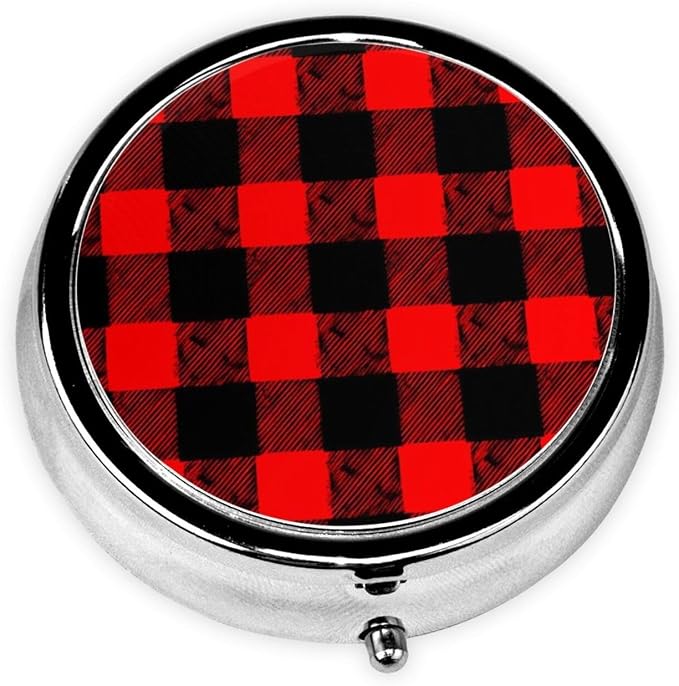 Pocket Medicine Case, Red Black Buffalo Check Plaid Pattern Round Small Organizer, Waterproof Pill Box for Vitamins, Travel Holder Purse Carry for Commute