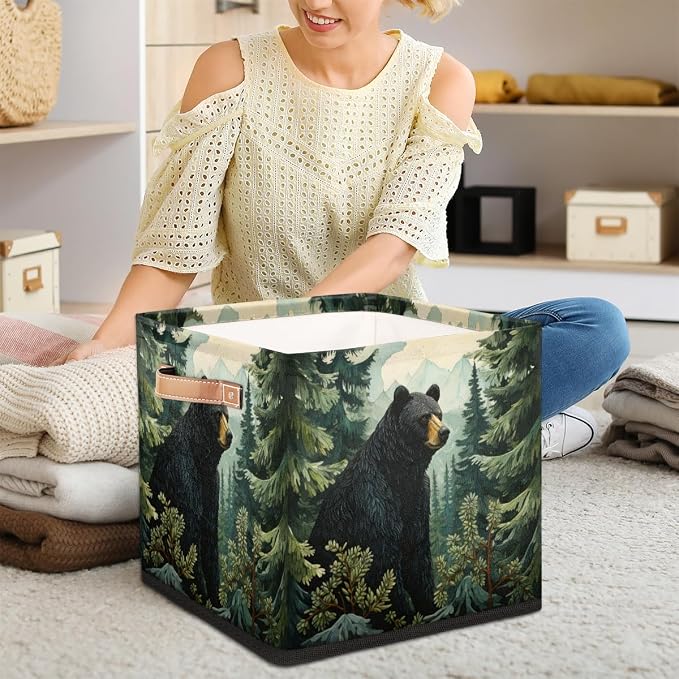 Black Bear Forest Wild Animals Cube Storage Bin, 13 Inch Collapsible Fabric Storage Cubes Bin, Foldable Cube Baskets for Shelf, Closet, Organizer