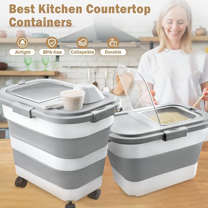 Rice Storage Container, Collapsible Airtight Food Storage Containers 20-30 Lbs, Rice Dispenser Bin with Cup and Scoop for Flour Cereal Pasta Grain, Cat Bird Pet Dog Food Storage Container