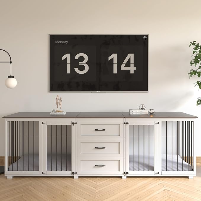 Furniture Style Dog Crate - Farmhouse Wooden Dog Kennel Furniture with 3 Drawer, Double Doors with Locks, 95"x23"x32"H, White