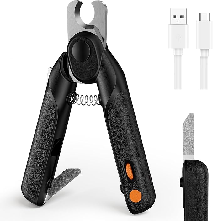Dual-LED Pet Nail Clippers with Stepless Brightness Adjustment, Side Lock & Retractable File, Anti-Slip Handles for Dogs and Cats (Black)