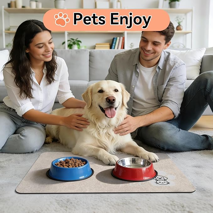 Dog Cat Feeding Mat-Absorbent Pet Bowl Mat for Food and Water, Quick Dry Water Dispenser Mat for Floors with Waterproof Rubber Backing, Puppy Cat Placemat Mats for Messy Drinkers,12"x20",Taupe