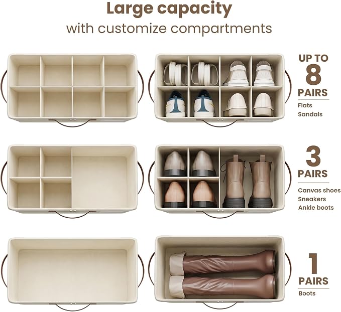 Varhomax Shoe Organizer Box for Closet, Small Fabric Storage Basket Beige | Foldable Shoe Bin with Adjustable Dividers & Clear Cover, Saving Space Sneakers & Sandals Containersfor Entryway, Cubby