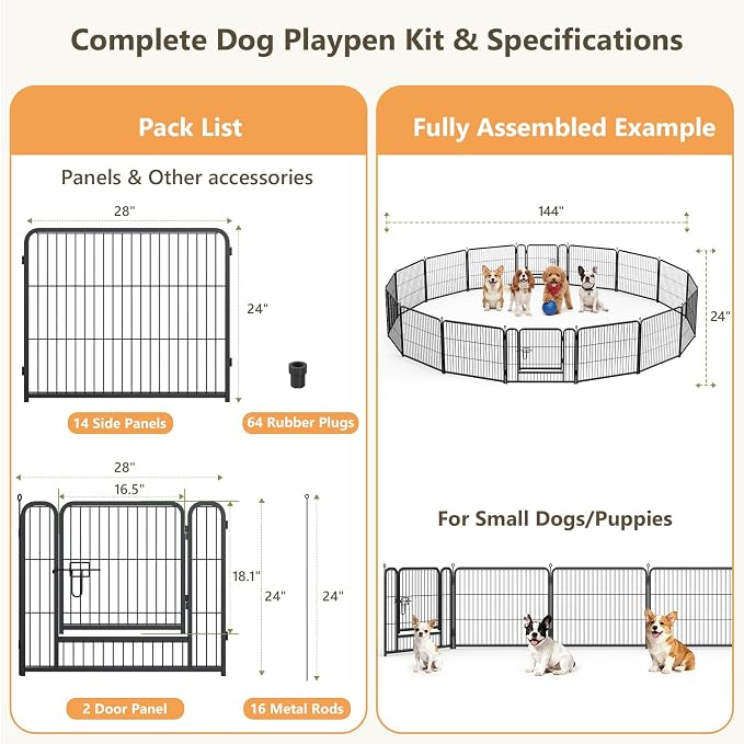 Metal Dog Playpen - 24" Height 16 Panels Foldable Exercise Pen for Dogs Indoor/Outdoor Pen with Door for Puppy Portable Pet Playpen Polygon Dog Enclosure (Black)