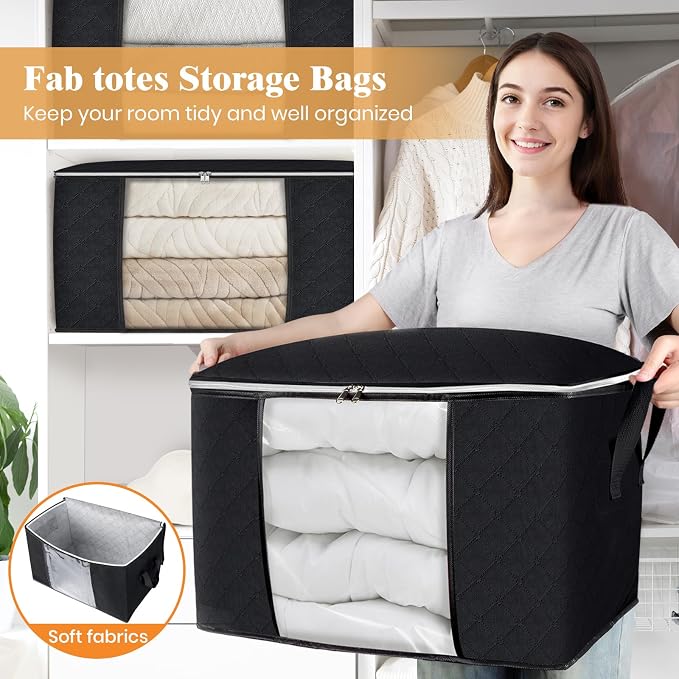 90L Clothes Storage, Foldable Thick Fabric Blanket Storage Bags | Foldable Containers with Zippers,Window and Handles for Organizing Bedroom, Closet, Comforter, Bedding,Dorm essentials