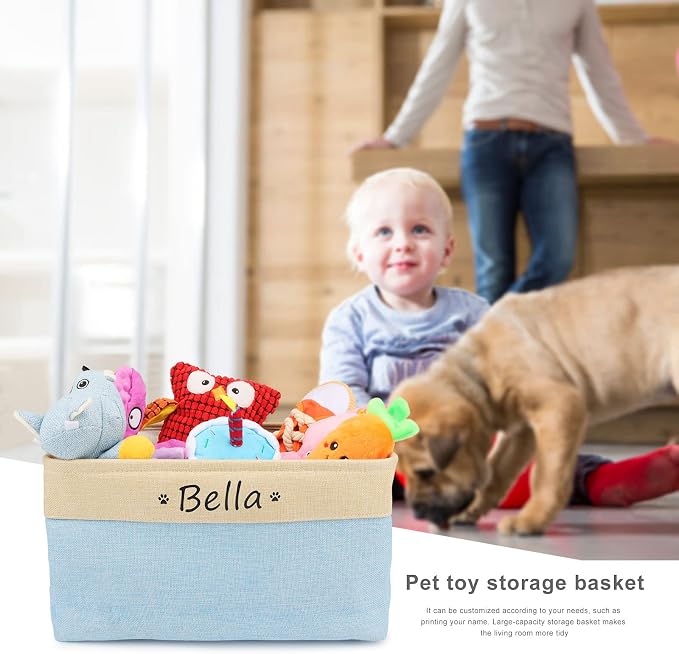 Personalized Collapsible Dog Toy Storage Basket Bin Customized Pet's Name Storage Box Organizer Blue