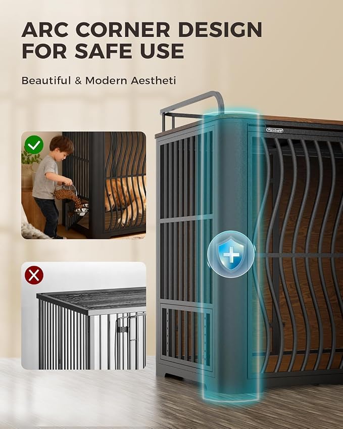 48 Inch Large Dog Crate Furniture, Heavy Duty Wood Dog Kennel Furniture Indoor for Large and Medium Dogs, Pet Crate Furniture with Adjustable Rotating Hanging Bowl and Table, Brown