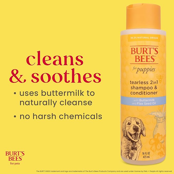 Burt’s Bees for Pets Tear Free Puppy Shampoo & Conditioner with Buttermilk, 2 in 1 Gentle Dog Shampoo for Puppies, Cleans and Conditions Sensitive Skin, 16 Fl Oz - 2 Pack