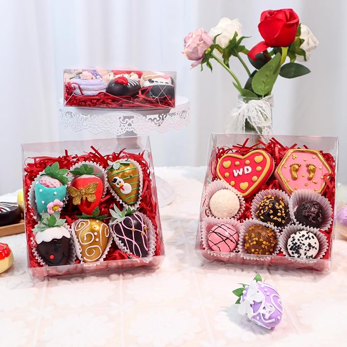 50 Pack 6x6x2 Inches Cookies Boxes with Clear Window Chocolate Covered Strawberries Boxes Bakery Packaging for Cake Pie Macaron Chocolate Truffle Treat Gift Christmas Easter Mother's Day