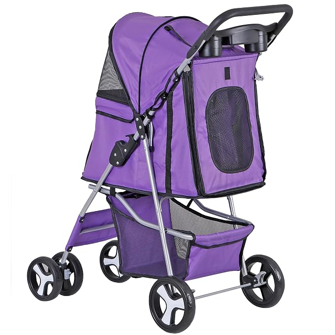 4 Wheels Dog Stroller Folding Pet Strolling Cart for Small Medium Cats Puppies Portable Jogger Travel Camping Puppy Carrier with Storage Basket Cup Holder, Purple