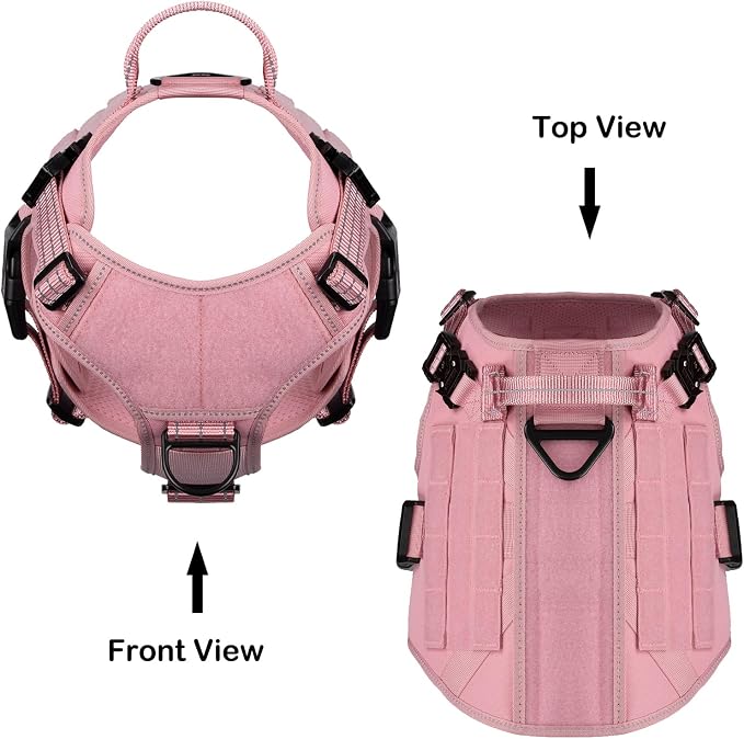 ICEFANG Tactical Dog Harness for Medium Dogs,Reflective No Pull Dog Vest | with Control Handle,Adjustable,Front Hook,2 Leash Clips,Soft Padded,MOLLE Panel,Pink,Medium