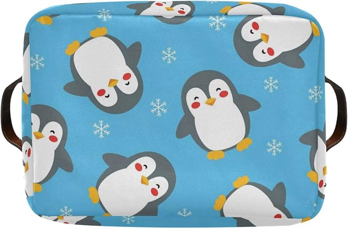 Christmas Snow Penguin Blue Print Rectangular Storage Bin Basket with Handles - Organizer Bins Laundry Storage Basket for Pets Room Books Closet