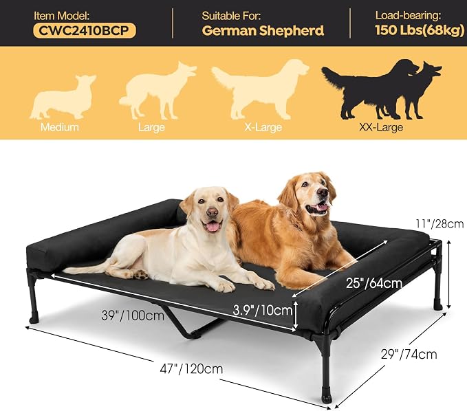 Veehoo Outdoor Elevated Dog Bed-Cooling Raised Dog Cot for Large Sized Dogs | Three-Sided Fence Raised Pet Cot with Mesh & No-Slip Feet Dog Hammock Bed with Removable Bolster-47"x 29" Black