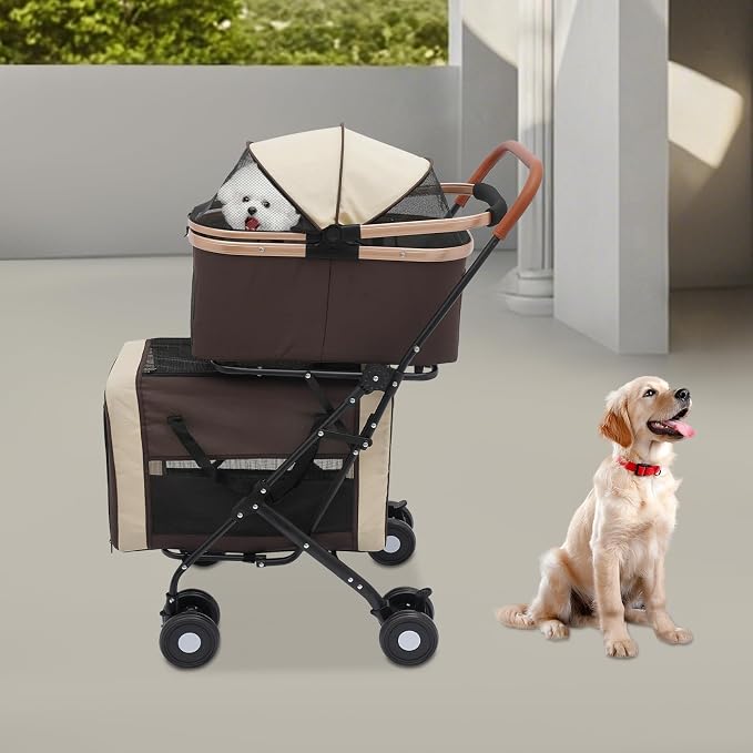 Pet Stroller, Portable Double Pet Stroller Cart with 4 Wheels, Heavy Duty Foldable Dog Cat Supplies, Multifunctional Carrying Storage Cat for Traveling with Pets, Shopping (Coffee Color)