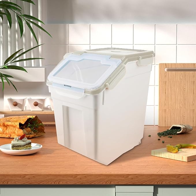 50LB Large Flour Storage Container Bin,2 Pack Airtight Plastic with Wheels Seal Locking Lid Dispenser Organizer Bin with Measuring Cup & Scoop for Flour, Rice, Grain 100LBS Total Capacity(Grey)