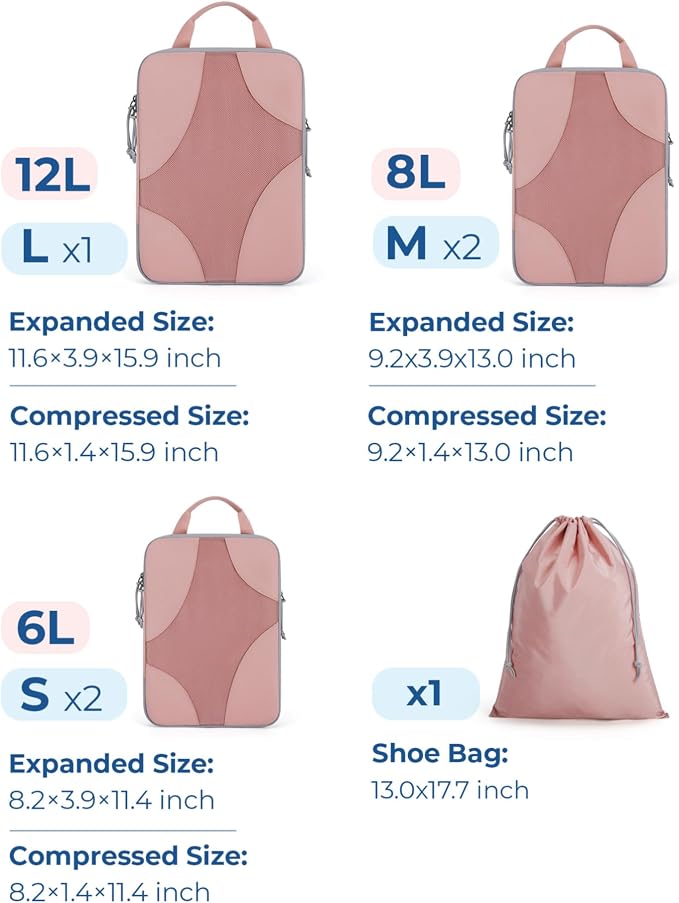Bagsmart Compression Packing Cubes, Travel Bag Cruise Ship Essentials | Lightweight, Compressible Suitcase Organizer Set fit Standard Carry-On & Checked Luggage, 6 Set, 14 Set Washable Packing Bags