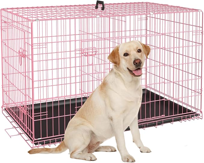 36 Inch Large Dog Crate, Heavy Duty Dog Crates for Large Dogs, Metal Wire Folding Dog Cage with Removable Trays, Locks, Double-Door, Divider Panel, Handle, Puppy Crate Pet Crate (36 in, Pink)