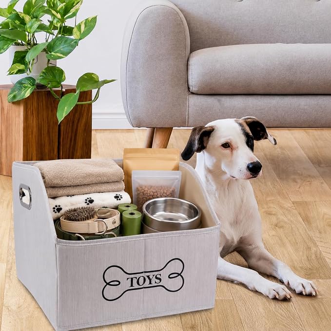 Large Dog Toy Storage Bin, Foldable Trapezoid Box with Handles | Canvas Fabric,Large Capacity, for Pet Supplies,Pet Toy Organizer Basket, Sturdy Metal Handles ,Easy Carry pet storage-Beige