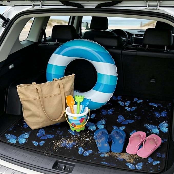 Butterfly Print Universal Car Trunk Mat 29" x 39", All Weather Non Slip Cargo Liner for SUV Truck, Washable Durable Pet Friendly Dark Blue Rear Cargo Protection
