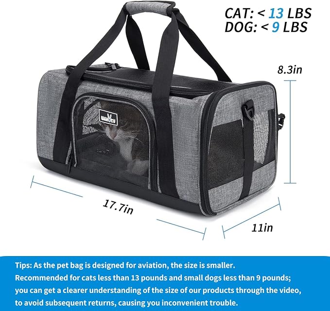 Wakytu TSA & Airline Approved Soft Pet Carrier for Cats/Dogs,17.7x11x8.3 | 3 entrances & 5 vents, waterproof rip-stop, anti-escape locks, padded strap,plane underseat,cat dog carrier
