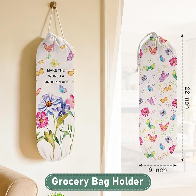 2PCS Butterfly Plastic Bag Holder for Kitchen Essentials, Reusable Hanging Grocery Bag Organizer, Washable Large Grocery Trash Garbage Bags Storage Dispenser Butterfly Kitchen Decor