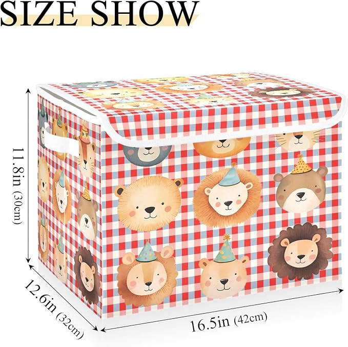 Zoo Lion Fabric Storage Bins with Lid Foldable Storage Boxes 40L Baskets | Decorative Storage Boxes, Dust-Proof Flip Top, Reinforced Handles, For Home & Bedroom, Clothes & Toy Box, Zoo Fabric Print