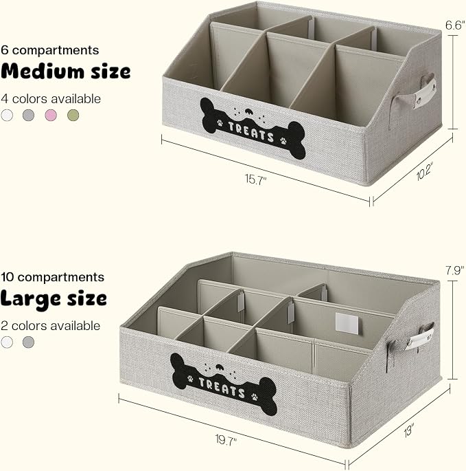 Dog Treat Container, Dogs Storage Organizer with Removable Dividers, Collapsible Dogs Treat Holder for Countertop, Trapezoid Pet Treats Containers, Dog Toy Basket with PU Handles, Large, Gray