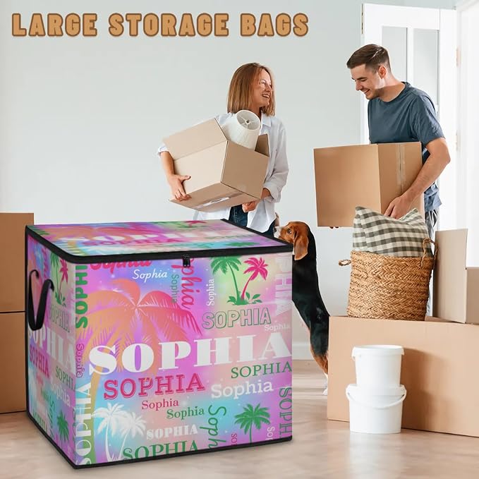 Custom Comforters Storage Basket with Lid, Personalized Name Pink Green Tropical Palm Trees Large Organizer Bin for Pet/Children Toys, Clothes, Perfect for Rooms/Playroom, Colorful Pink Galaxy