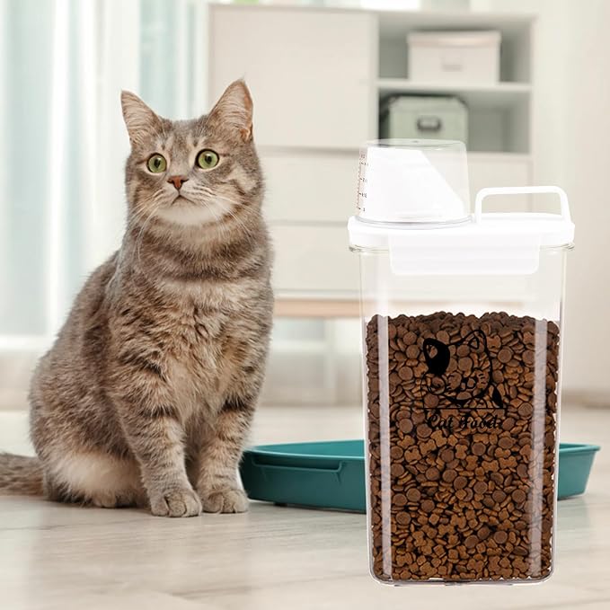 Cat Food Storage Container Small |3lb/2.5 L Clear Plastic Cat Food Treats Container Airtight with Measuring Cup|Portable Pet Food Containers Ideal for Travel| Easy Pour|BPA Free