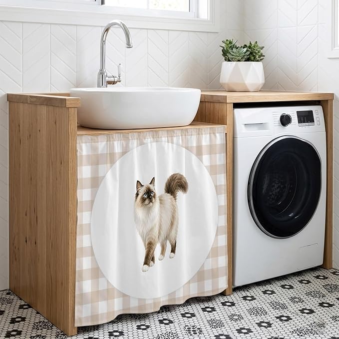 Ragdoll Cat Cabinet Dishwasher Hidden Curtains, Privacy Closet Door Curtain, Modern Linen Plaid Farmhouse Pet Cats Adhesive Dust Proof Under Sink Skirt for Bathroom Kitchen 35"x35"
