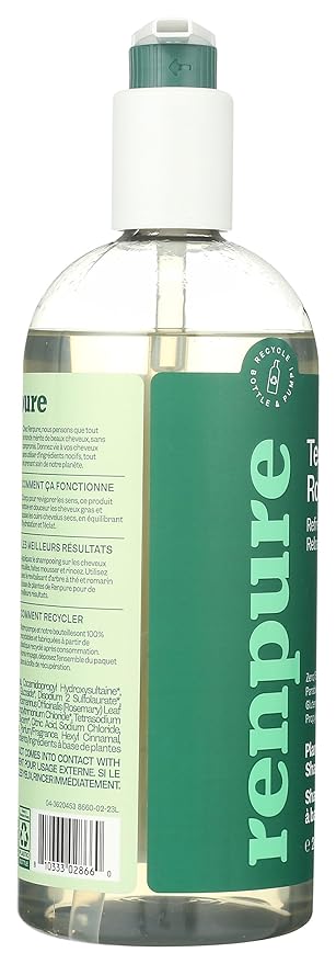 Renpure Plant Based Tea Tree and Rosemary Refresh and Rebalance Shampoo - Soothes Dry Scalp - Delivers Moisture and Shine - Rids Hair of Grime - Dye Free - Recyclable, Pump Bottle Design - 24 fl oz