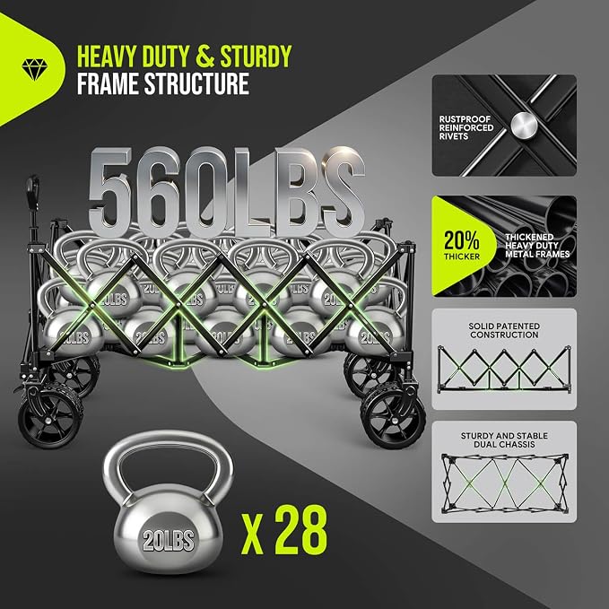 48'' Extra Large Collapsible Wagon, Big Wheels, 300L Turquoise | 560LBS Heavy Duty, Wagons Carts Foldable, All-Terrain, Brakes, Folding Cart, Utility for Beach/Camping/Garden/Sports/Grocery