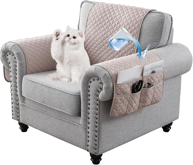 Water-Resistant Sofa Armrest and Headrest Covers with Side Pocket | Keep remotes close quilted polyester helps guard against wear, pet scratches, and kids' messes silicone backing adds grip