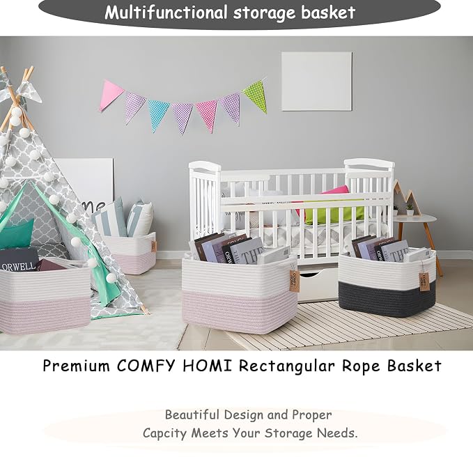 COMFY-HOMI 3PACK Cotton Rope Square baske with Handles for Shelves|Dog Toy baske Bin and Storage|Baby baske for Gift|Shoe baske for Organizing|13.5" x 11" x 9.5" for Living Room（White/Pink）